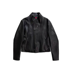 
ROKKIHU black stand-up collar deconstructed leather jacket for men with multi-zip pleated sheepskin jacket simple niche jacket