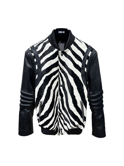 Rokkihu Black White Plaziolap Pills Switching Sheepskin Sleeve Men's Skin leather jacket
