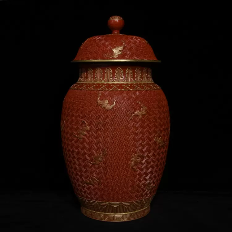 大清乾隆年制珊瑚红釉雕刻描金福寿盖罐古玩古董官窑老瓷器陶瓷-Taobao