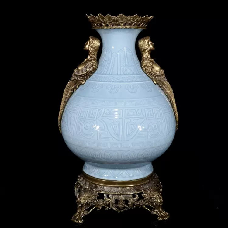 大清乾隆年制粉青釉雕刻包铜玉壶春瓶古玩古董海外回流瓷器陶瓷-Taobao