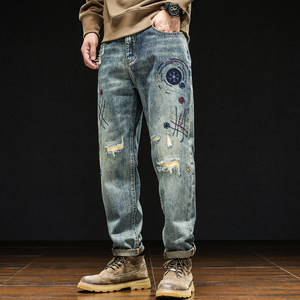 
2025 autumn and winter American retro embroidered hole patch jeans men's loose high street handsome Harlan winter thick style