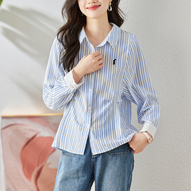 First Shadow Blue Striped Shirt Women's Long Sleeve 2025 Spring New Casual Top Cartoon Embroidered Cotton Shirt