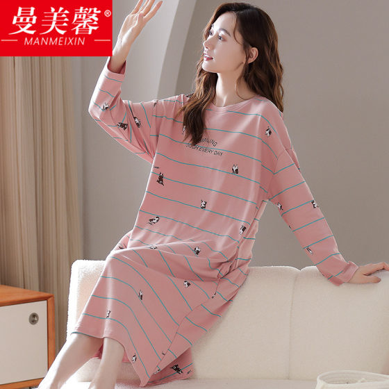 Pajamas Female Spring and Autumn Pure Cotton Long Sleeve Loose Loose 2022 New Big size fat MM200*0.5kg long nightdress autumn and winter