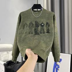 2025 Autumn/Winter New Trendy American Casual Sweatshirt for Men, Fleece-Lined, Warm, Fashionable, Versatile Long-Sleeve Base Shirt