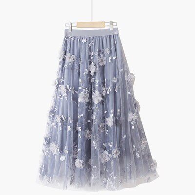 Spring embroidery black high waist solid color embroidered three-dimensional flower fairy a-line mesh sweet midi skirt

