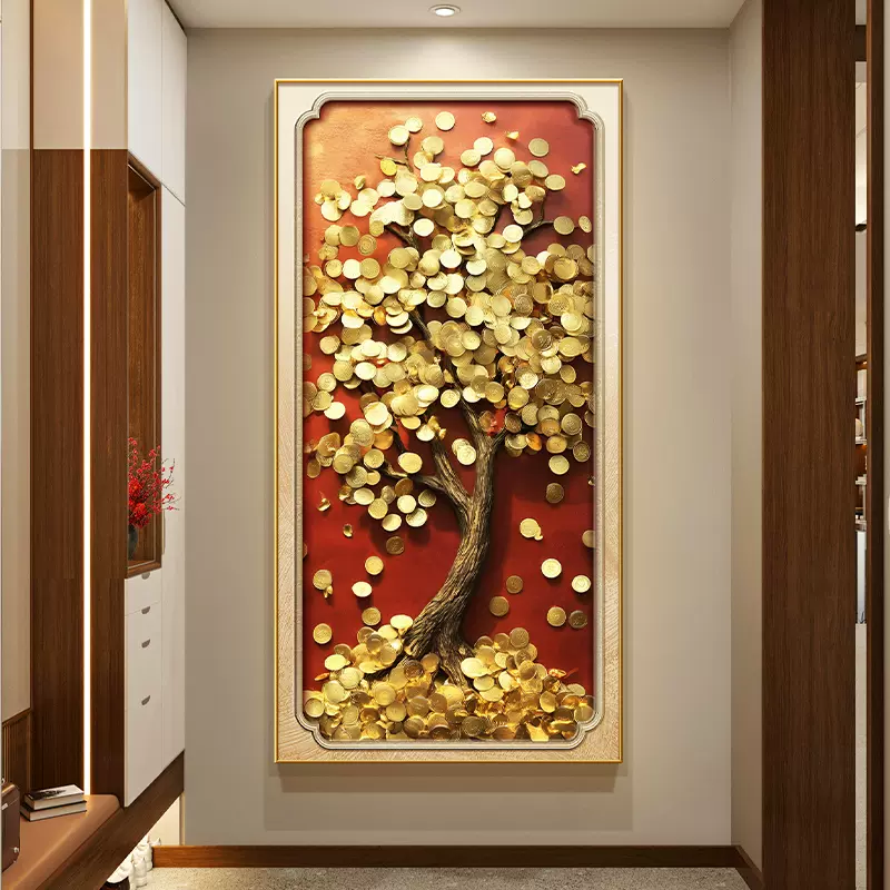 发财树正对门玄关装饰画轻奢黄金满地入户挂画