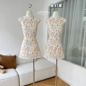 
Late July Floral Round Neck Sleeveless Dress for Women Summer Sweet Waist Slim Design A-Line Short Skirt
