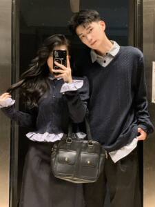 
Couple outfits, super popular in autumn and winter, French casual knitted cardigan, trendy two-piece sweater, men and women's high-end skirt