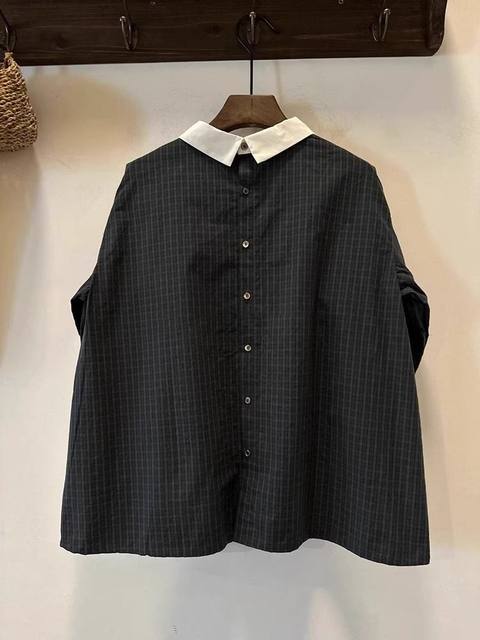 Spring and summer large size retro plaid POLO collar shirt fat MM300Jin [Jin equals 0.5 kg] slimming and age-reducing puff sleeve doll shirt top
