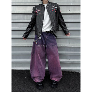 
THREENINE fashion niche washed gradient ice purple scimitar silhouette jeans for men loose straight wide leg pants