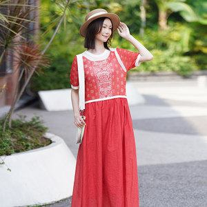 
One city painting, summer literary and artistic national trend style spliced ​​loose high waist mid-length dress for women