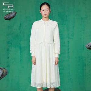 
One city painting a winter literary style high waist slim temperament long dress with large lapel long skirt beige white