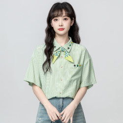 Green Lapel Striped Short-Sleeved Shirt for Women, Summer 2026 New Style, Loose Embroidered Scarf Tie Shirt Top