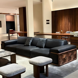 
New Chinese style solid wood leather sofa modern light luxury simple living room office black walnut straight leather sofa