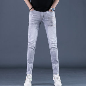 
High-end spring hot diamond printed light-colored jeans for men, slim-fitting, elastic and tight-fitting men's all-match long trousers