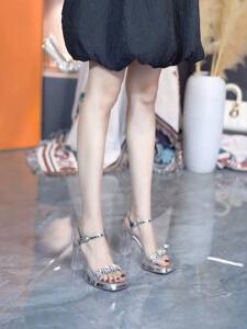 
Thick-heeled sandals for women 2024 summer new open-toe waterproof platform rhinestone transparent fashion shoes one-strip high heels