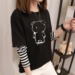 Fake Two-Piece Long-Sleeve T-Shirt for Women, Spring 2025 New Versatile Ins Style, Autumn and Winter Cartoon Striped Top for Women, Outerwear