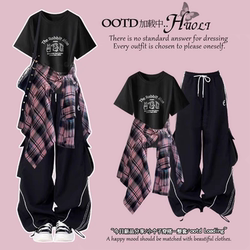 Summer 2025 New Style Plaid Shirt Short-Sleeve T-Shirt Cargo Pants Versatile Three-Piece Set for 14-18 Year Old High School and Junior High School Students