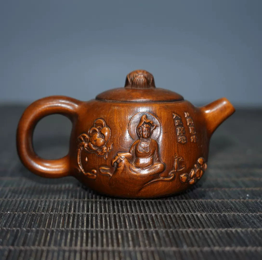 中国 古玩 時代唐物 黄楊木彫 細密彫刻 根台 花台 香炉台 検索：朱泥急須柘植彫 木雕9\" 地藏王(黄杨木) | TC0901W