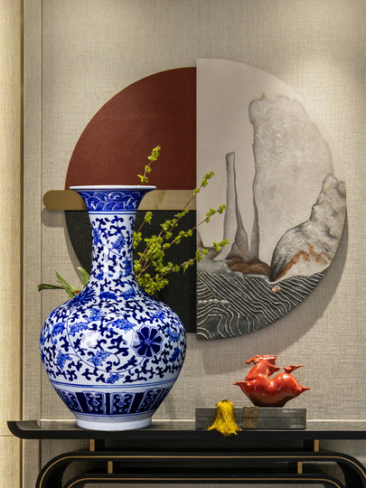 中国，景德镇，青白釉風景画花瓶 景德镇青花瓷花瓶仿古手绘摆件客厅装饰博古架摆设