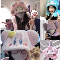Biainuo U-Shaped Pillow Travel Pillow Cute Cartoon Hooded Neck Pillow Office Air Conditioning Hat Driving Airplane Pillow