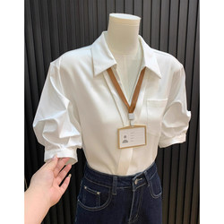 Elegant White V-Neck Short-Sleeved Shirt for Women, Summer 2026 New Style, Light Luxury, High-End French Style, Commuter Business Top