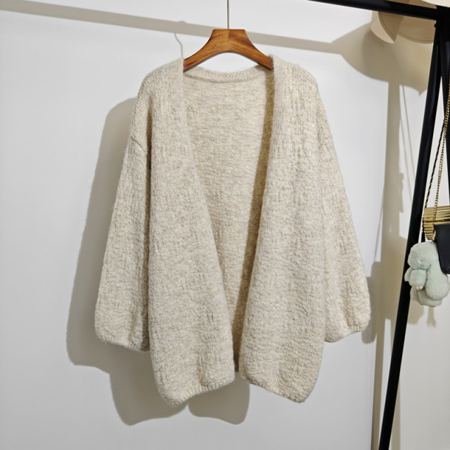 Lazy style knitted cardigan for women in autumn and winter new loose v-neck large size fashionable solid color versatile soft sweater jacket
