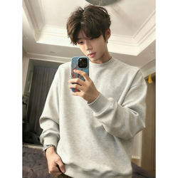 Cleanfit White Floral Gray Hoodless Sweatshirt for Men, Spring and Autumn Heavyweight American-Style Long-Sleeve T-Shirt, Regular Shoulder Fit, Inner Layer Base Shirt