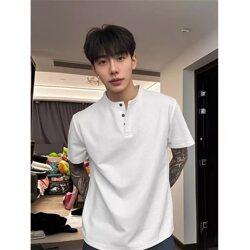 Cleanfit White Henley Collar Short-Sleeved Men's Summer Waffle Heavy-Duty Regular Shoulder T-Shirt American Sports Polo Shirt
