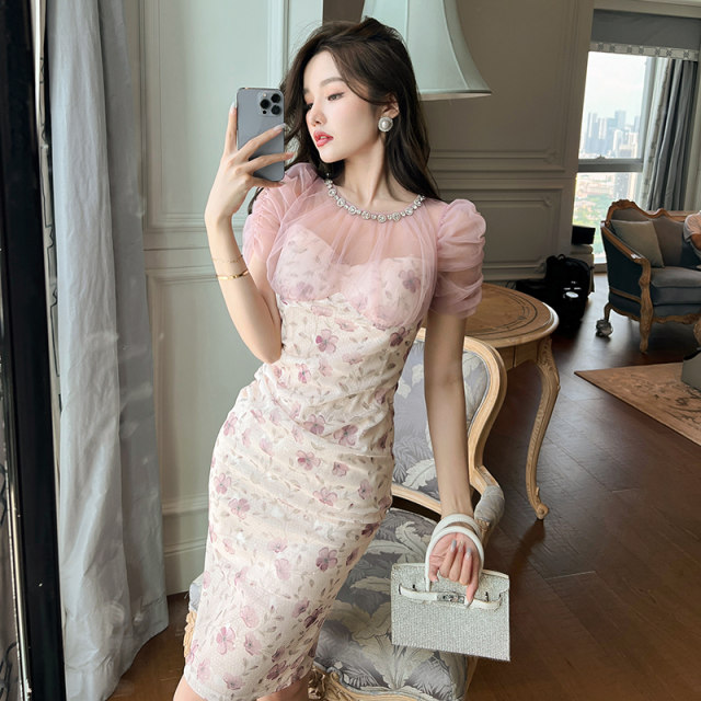 Sexy mesh strapless dress for women's summer 2024 new round neck waist-hugging floral skirt
