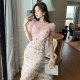 Sexy mesh strapless dress for women's summer 2024 new round neck waist-hugging floral skirt
