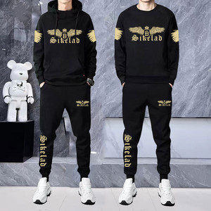 Autumn and winter men's sweater sports suits plus velvet thick hoody leisure sports trend long sleeve loose two -piece suit