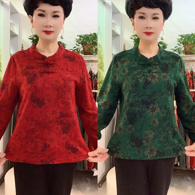 Spring new age reduction, loose belly, loose, thin cheongsam shirt, floral long -sleeved large size mother plate buckle bottom shirt