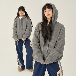 
HASU lazy style half-zip hooded sweater women's 2024 autumn small pullover knitted jacket