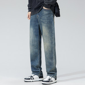 
Spring and Autumn New Loose Versatile Stretch Nostalgic Washed Blue Jeans Men's Straight Pants