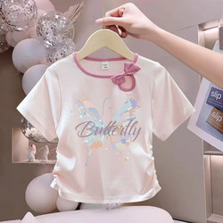 Girls' Pure Cotton T-Shirt, New Round Neck Short-Sleeved Kidsren's Summer Dress with Bow, Fashionable Clothes for Middle-Aged and Older Kidsren, Tops