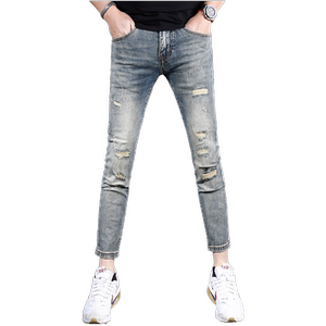 
Summer retro ripped nine-point jeans men's slim fit small feet washed patches trendy stretch stretch handsome men's pants