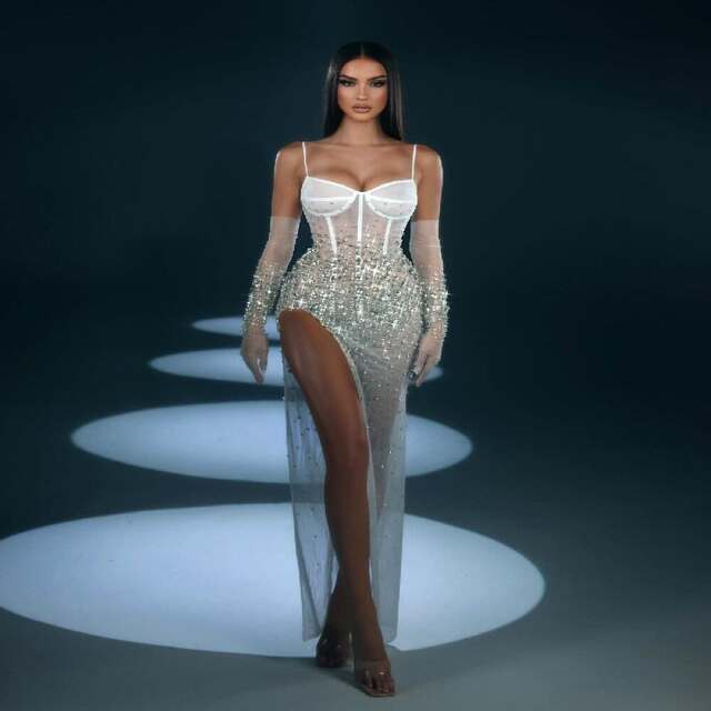 Independent Station Amazon Hot Sale White Diamond Sling Long Skirt Sexy Slit Cocktail Party Evening Dress
