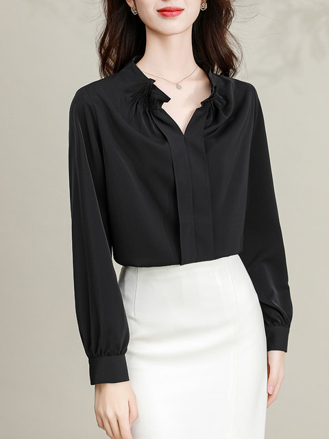 Temperament V-neck long-sleeved single-breasted shirt