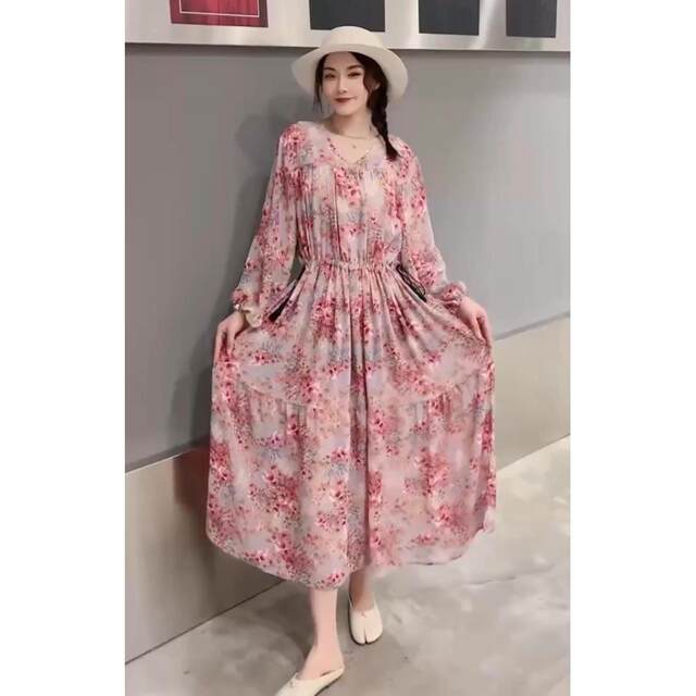 Fashionable popular version dress 2024 spring and summer new beautiful small open collar trouser long sleeve floral dress for women
