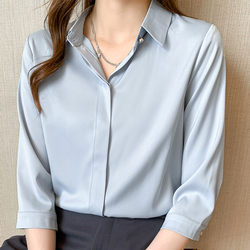 Summer High-End Three-Quarter Sleeve Professional White Shirt for Women, Spring and Autumn Satin Long-Sleeve Shirt, Elegant Interview Formal Top