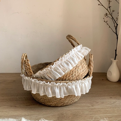 Set of 2 ~ ins Country-Style Lace-Edged Handmade Straw Storage Baskets for Home Use with Double Handles, Organizing Baskets
