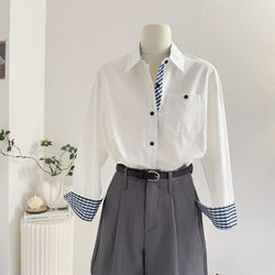 Designed with a Plaid Patchwork, White Long-Sleeved Shirt for Women, 2026 Spring, Loose and Casual, Elegant Shirt, Workwear Top