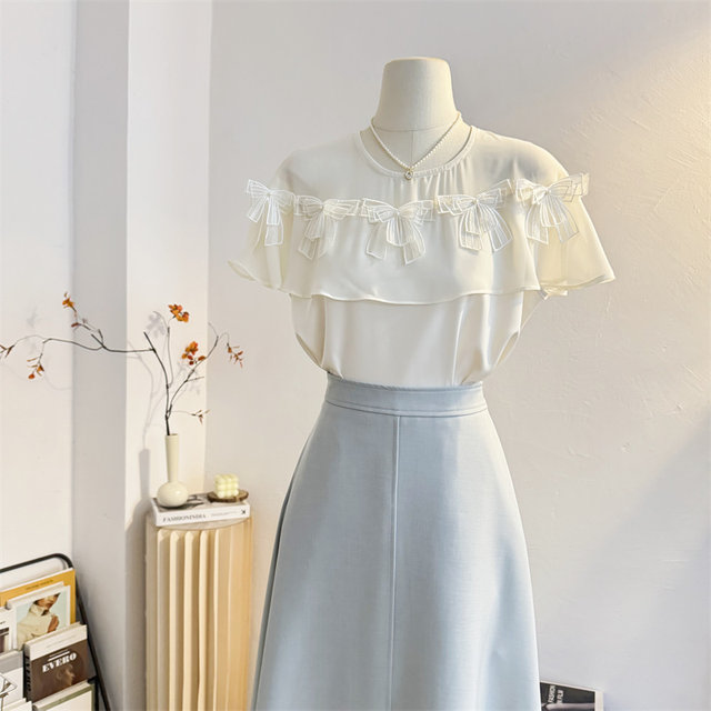 Spliced ​​French round neck short-sleeved shirt for women 2025 summer bow design niche chiffon shirt top
