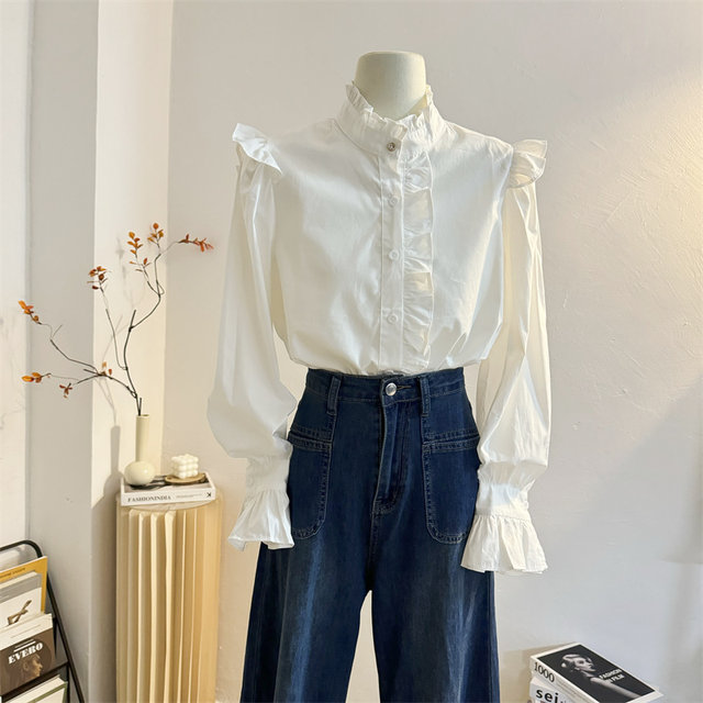 White fungus lace stand-up collar long-sleeved shirt for women 2025 spring design layered shirt sweet temperament top