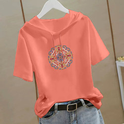 New Early Autumn Summer Pure Cotton Hooded Short-Sleeved T-Shirt for Women Loose Large Size Slimming Look Belly-Covering Age-Reducing National Style Top