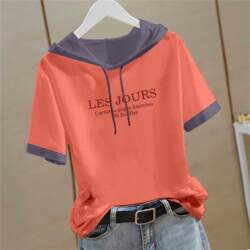 Fashionable Color-Blocked Hooded Short-Sleeve T-Shirt for Women, 2025 Summer New Style, Pure Cotton, Slimming, Patchwork Half-Sleeve Top, Trendy