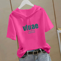 Pure Cotton 2023 Summer New Style Half-Sleeved Sweatshirt Rose Red Short-Sleeved Hooded T-Shirt for Women with a Unique Design and Loose Fit