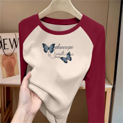 Color-Blocked Round-Neck Thermal Casual Base Shirt Women's Sweatshirt European Style 2025 Autumn and Winter New Fashion Versatile Long-Sleeve T-Shirt