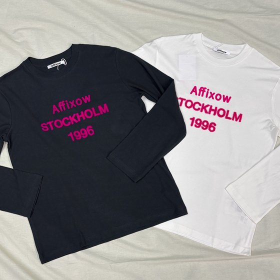 
affixow New Year limited edition 1996 flocked pink long-sleeved men's and women's T-shirts couples style trendy linen 85% cotton 15%